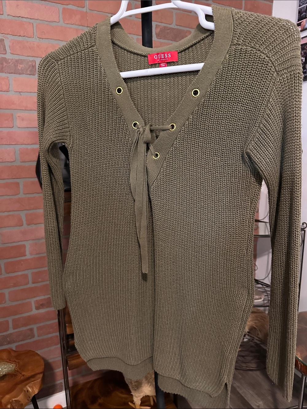 GUESS Olive Lace-Up V-Neck Ribbed Knit Sweater